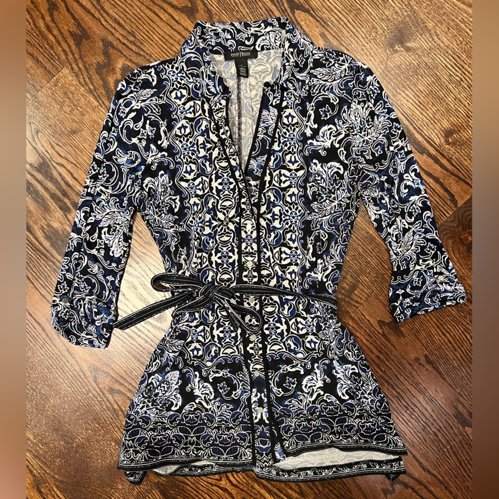 White House Black Market Printed Paisley Top with Waist Tie Belt